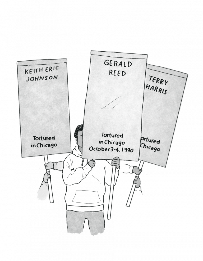 A black and white drawing of a group of demonstrators raising signs with the names and dates of police torture and violence