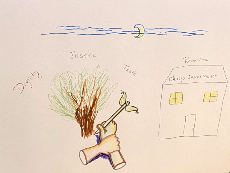 The words "dignity, justice, truth" surround a roughly drawn tree. Beside it, a hand grasps another hand at the wrist as it tries to write. To the right, a home with the lights on inside has the words "restoration" and "chicago justice project" written on its roof. Above the scene, blue lines of a night sky obscure a slivered moon.